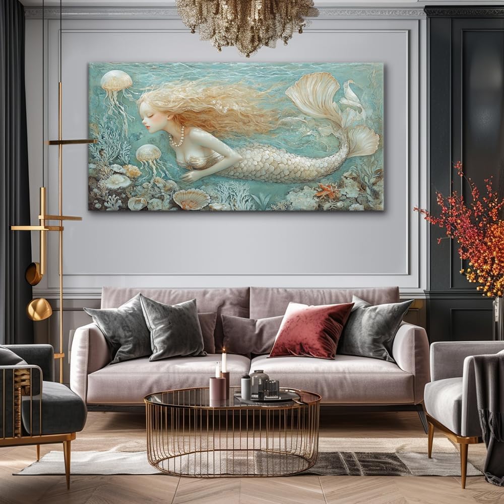 LASMOND Ocean Mermaid Wall Art for Girls Room Modern Canvas Prints Marine Organism Underwater World Sea Creatures Artwork Paintings Women Bedroom Wall Decor (58x28 Inches)