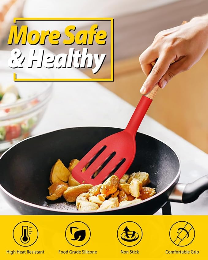 Pack of 2 Silicone Cooking Spatula, Heat Resistant Solid Turner, Non Stick Slotted Spatulas with Wooden Handle,Ideal Wood Kitchen Utensils Set for Frying, Baking, Flipping, Turning (RED)