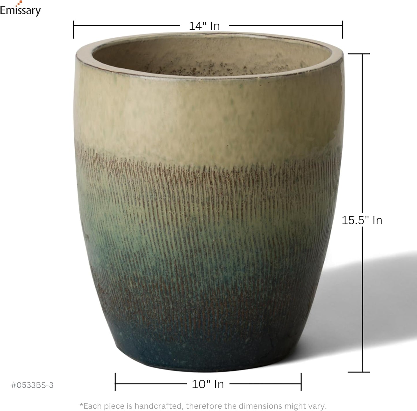 Emissary Bullet 14 in. Bayside Green Ceramic Round Planter (14 in. L x 14 in. W x 15.5 in. H) with Drainage Hole