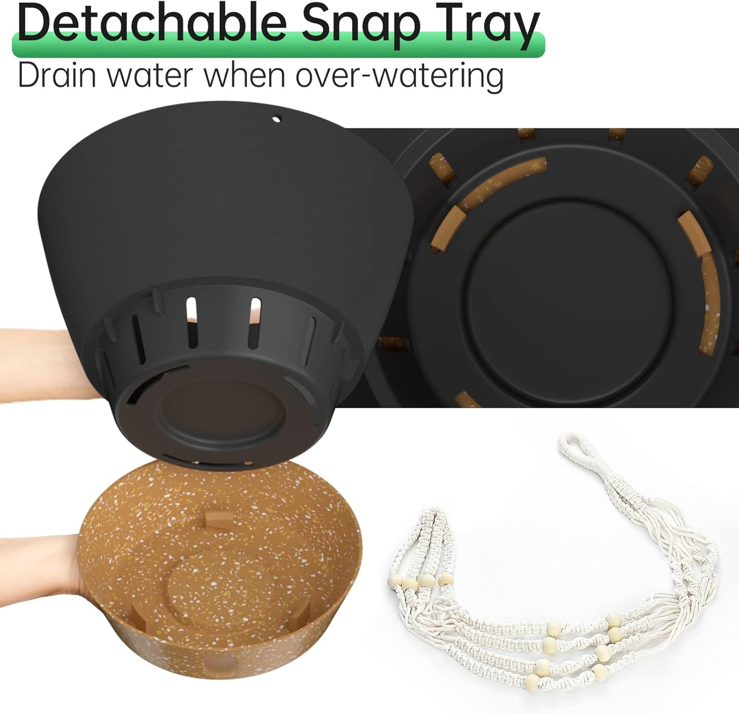 ZMTECH 2 Pack 10 Inch Hanging Planters with Macrame Plant Hanger for Indoor and Outdoor Plants, Self Watering, Drainage Hole, Visible Level Tray, Gray