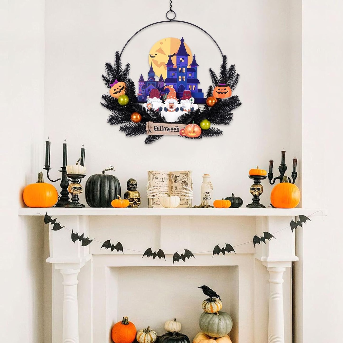 Lighted Halloween Wreaths for Front Door, Welcome Metal Wooden Door Wreath Decor Hanging Sign, 30 LED Lighted Wall Decor Battery Operated for Halloween Indoor Outdoor (Dwarf)