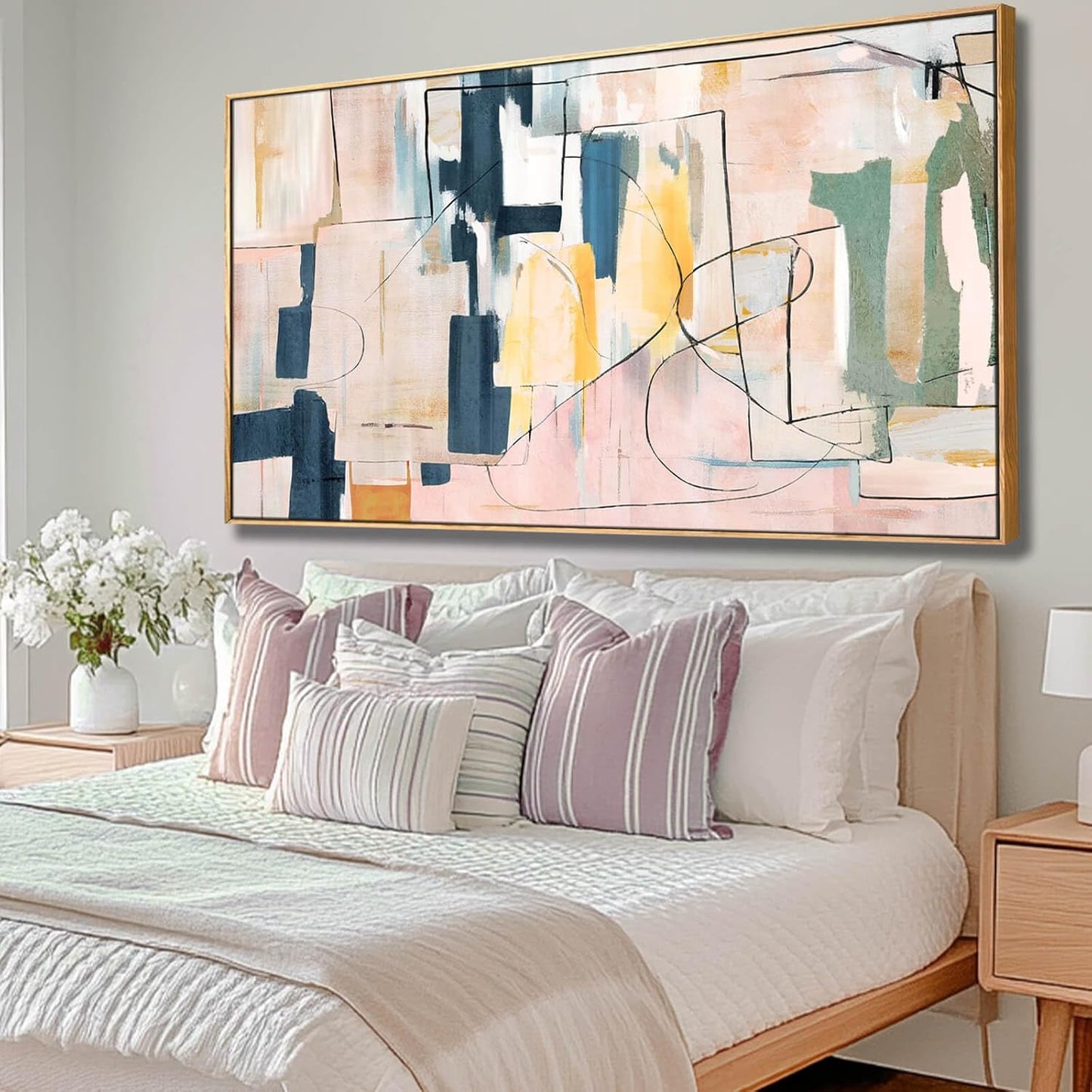 Pink Abstract Painting Large Wall Art Living Room Decor Blue Canvas Print Line Artwork Home Office Decoration 29x58 Inch