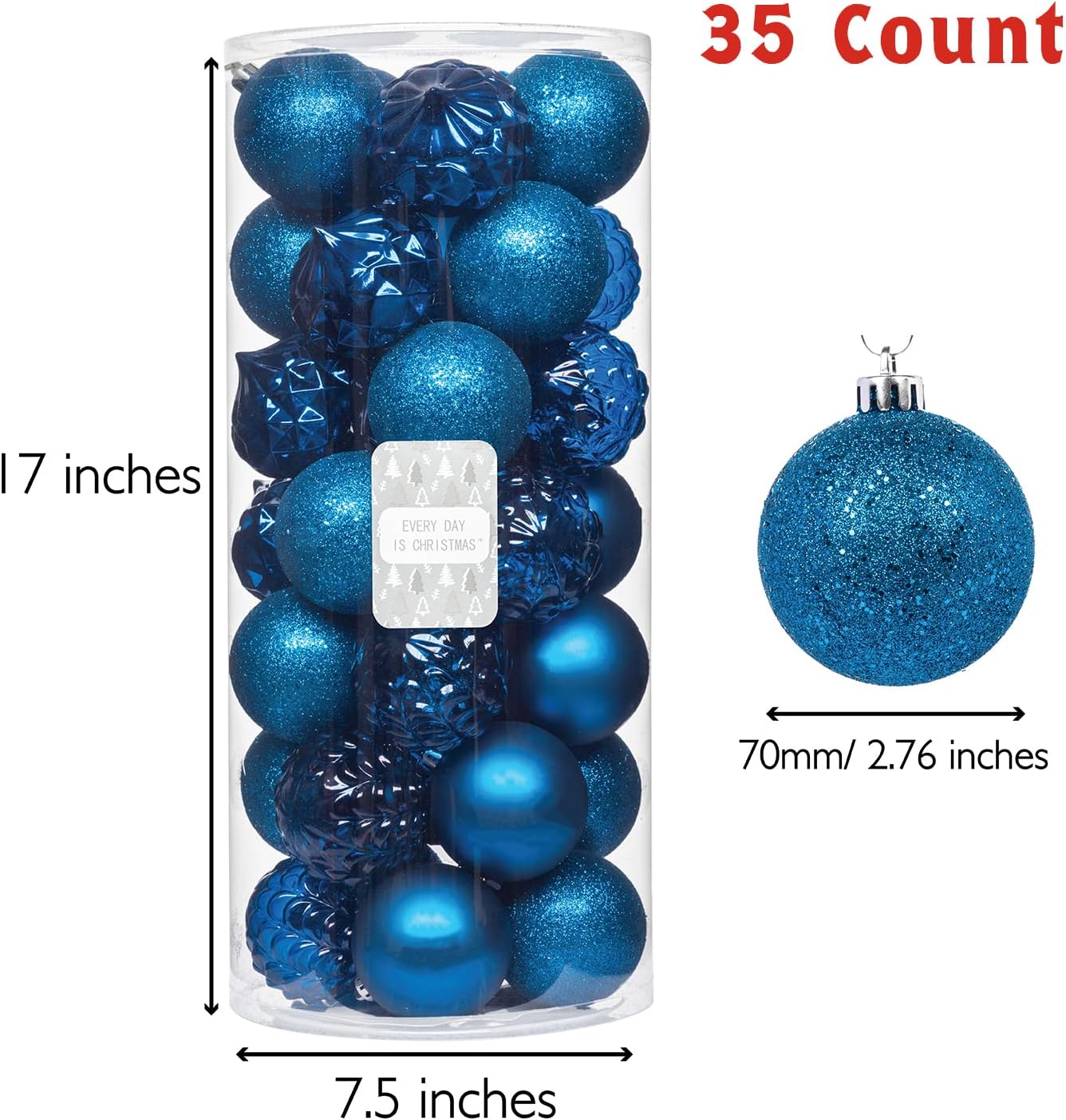 Every Day is Christmas Ornaments, Shatterproof Christmas Tree Ornament Set, Christmas Balls Decoration 35 Count (2.75"/70mm, Royal Blue)