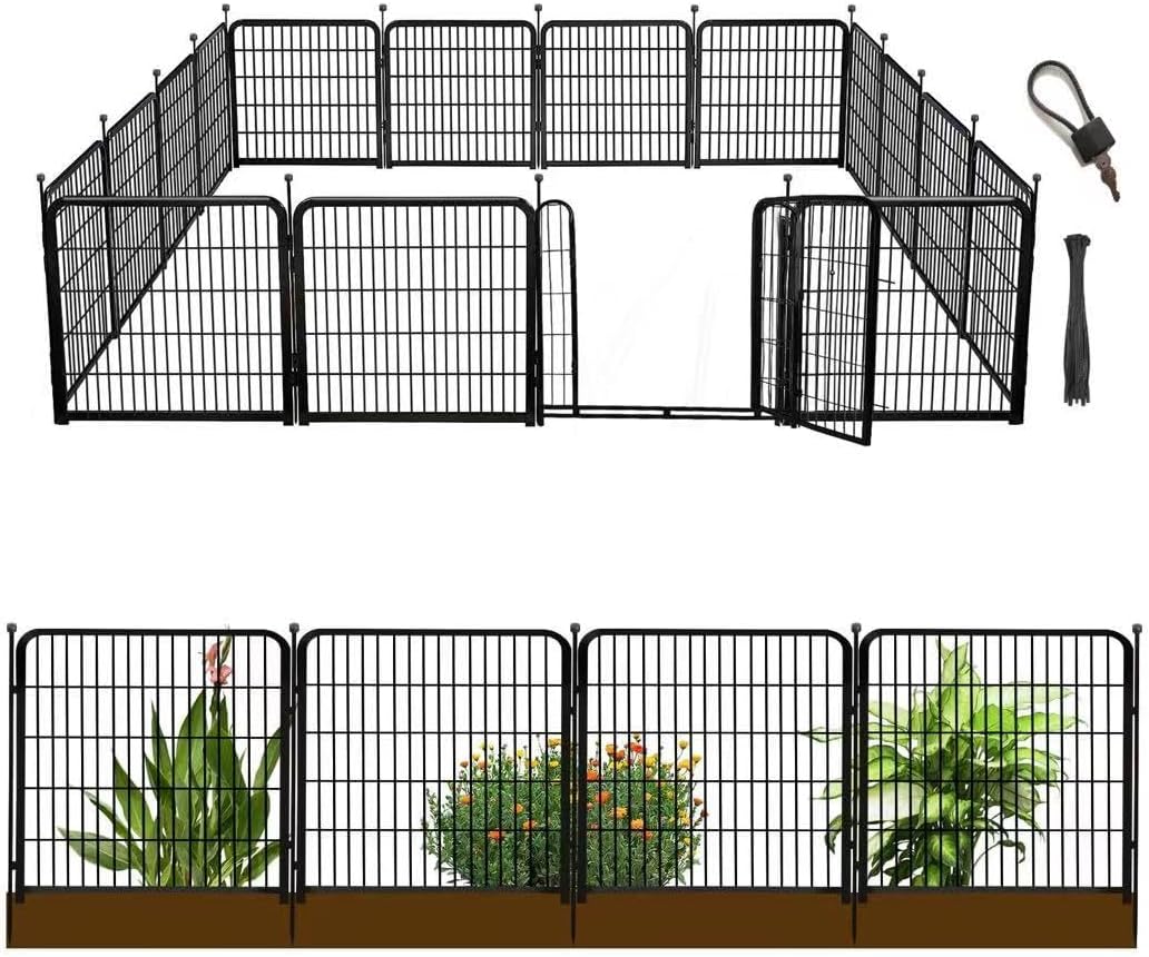 Tall Garden Fence with Gate 48 in(H)×27 in(L) 12 Panels Total 26.6 Ft(L), Garden Fencing to Keep Dogs Out, Heavy Duty Iron Metal Animal Barrier Fence, Flower Bed Fencing