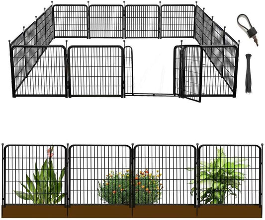 Tall Garden Fence with Gate 48 in(H)×27 in(L) 12 Panels Total 26.6 Ft(L), Garden Fencing to Keep Dogs Out, Heavy Duty Iron Metal Animal Barrier Fence, Flower Bed Fencing