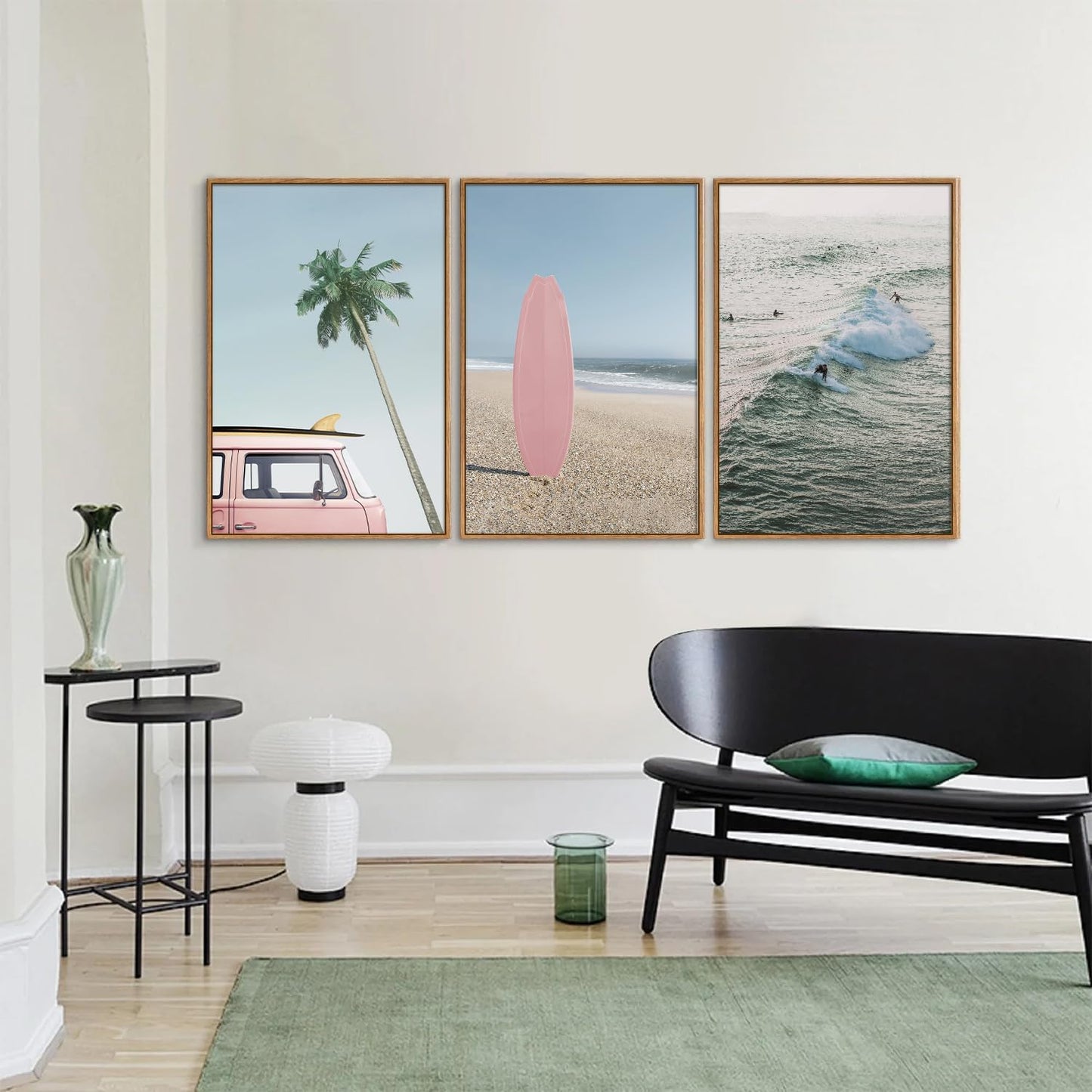 Tinonedraw Large Ocean Beach Framed Canvas Wall Art, Summer Coastal Surfboard Wall Decor, Palm Tree Pink Car Artwork, Modern Surfing Seascape Art Prints for Living Room Bedroom Office 24"x36"x3
