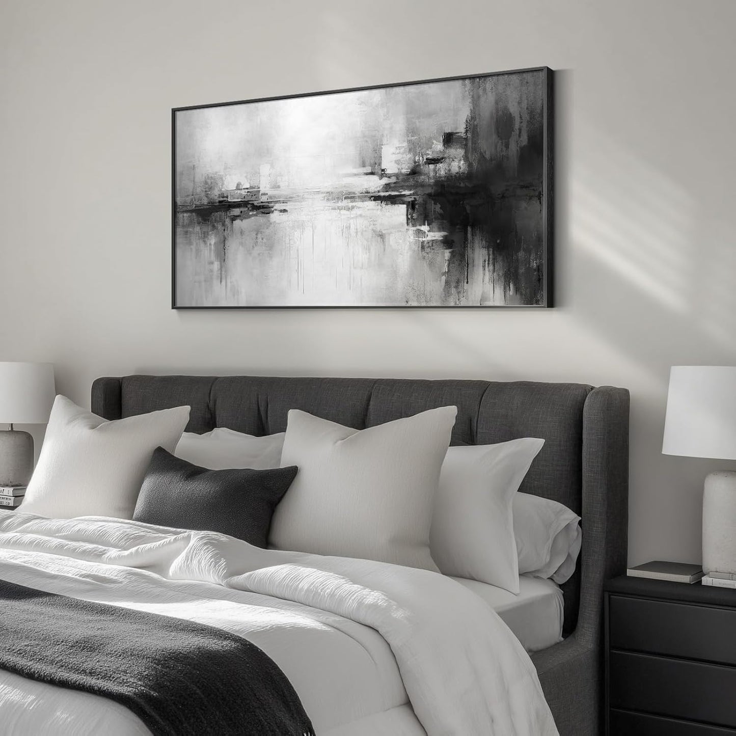 Framed Extra Large Black and White Abstract Canvas Wall Art, Modern Minimalist Horizontal Prints Painting Artwork for Walls, Black Grey Pictures Wall Decor for Living Room Hallway Bedroom Office 30x60 In