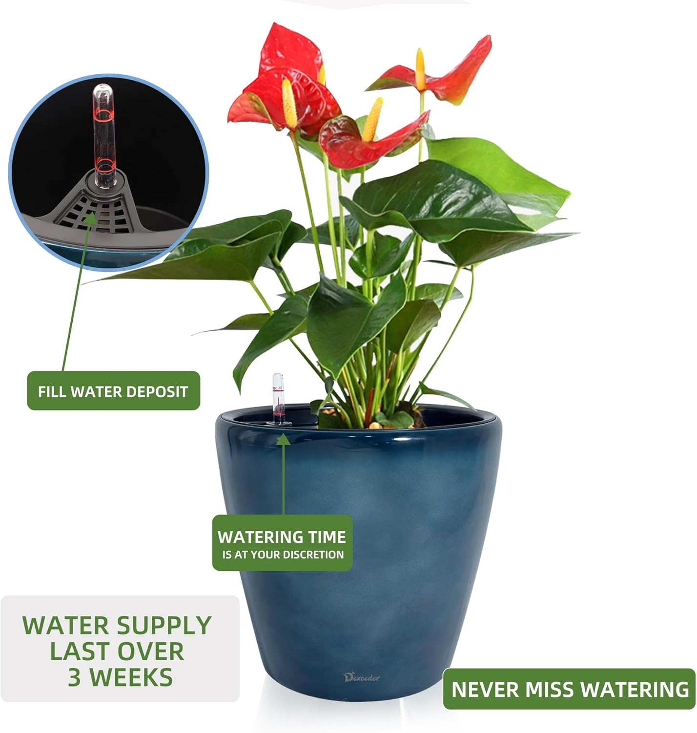 Dexceder 15x14 Self Watering Planter with Wheels Indoor Outdoor, Inner Pot Design, Thickened Large Floor Standing Flower Plant Pot with Water Level Indicator (Grayish Green Gradient)