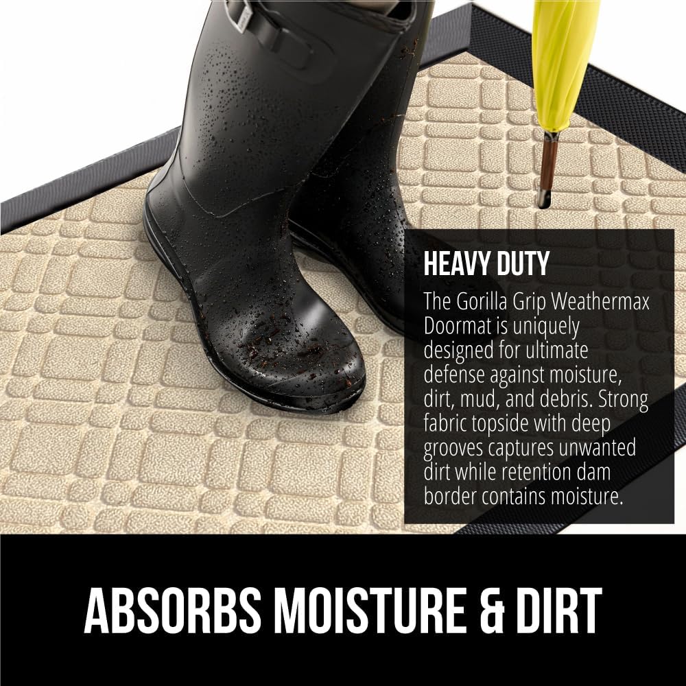 GORILLA GRIP 100% Waterproof All-Season WeatherMax Doormat, 47x35, US Designed Natural Rubber, Stain and Fade Resistant, Low Profile Indoor Outdoor Door Mats, Easy Clean Patio Mat, Modern Latte