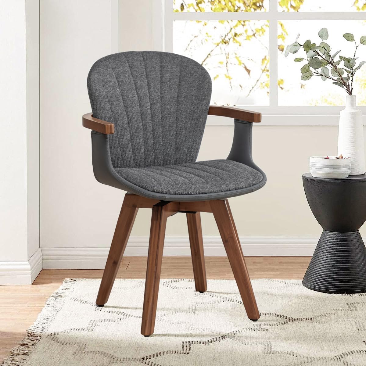 LUNLING Swivel Dining Chairs, Mid Century Modern Gray Fabric+Faux Leather Kitchen Chairs with Arms,Bamboo Legs Side Chairs No Wheels,Accent Chair for Dining Rooms and Offices(Gray Fabric,1PCS)