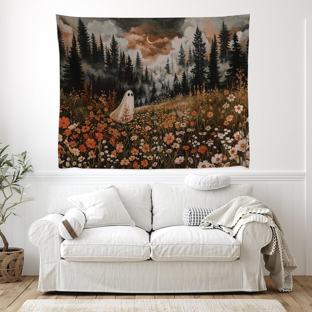 Spooky Fall Forest Art Halloween Tapestry Wall Hanging Cute and Funny Forest Flower Ghost Tapestry for Bedroom Whimsical Dark Academia Aesthetic Tapestries for Home Living Room Decor 50x60inch