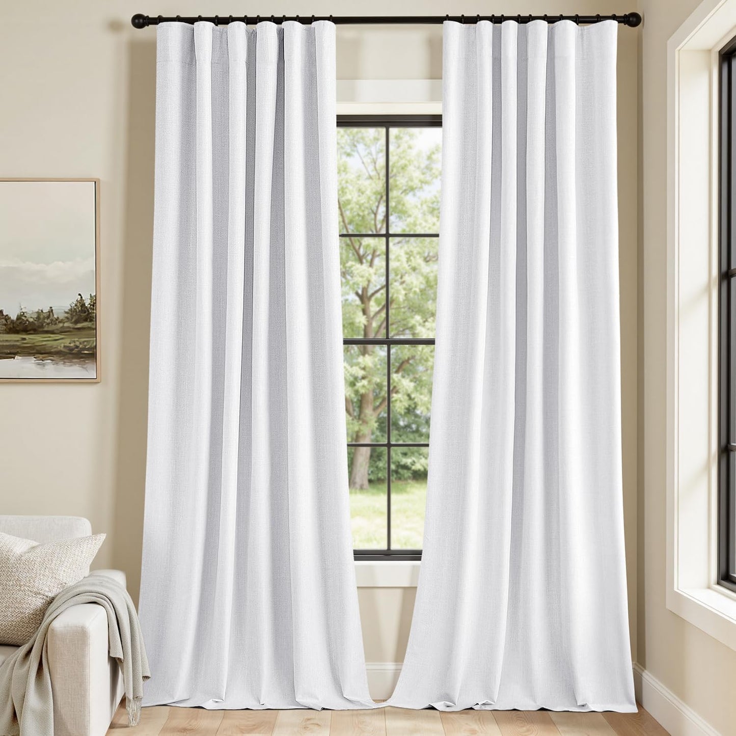 MIULEE 100% Blackout Curtains 102 Inch Long 2 Panels Set for Bedroom, Thick Faux Linen Black Out Curtain Room Darkening Back Tab Pleat Window Textured Drapes with Hooks for Living Room, Bright White