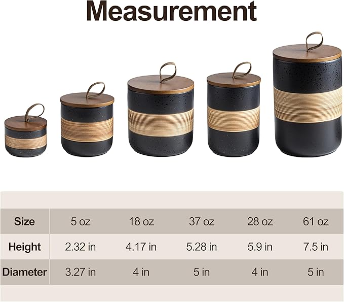 Ceramic Jar with Lid, Coffee Container Kitchen Food Storage Jars for Spice Sugar Tea Bag, Stackable Decorative Jars for Countertop, Black & 18oz