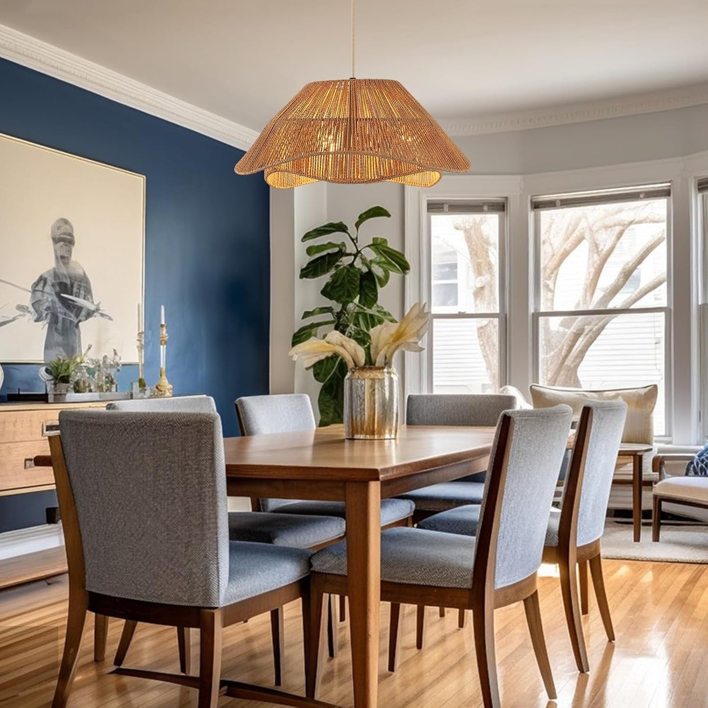 19.68" Rattan Pendant Light Fixture, 3-Light Boho Hanging Light Fixture Ceiling Mount, Bohemian Woven Wicker Flush Mount Hanging Lamp, Adjustable Rattan Chandelier for Kitchen Island Hallway