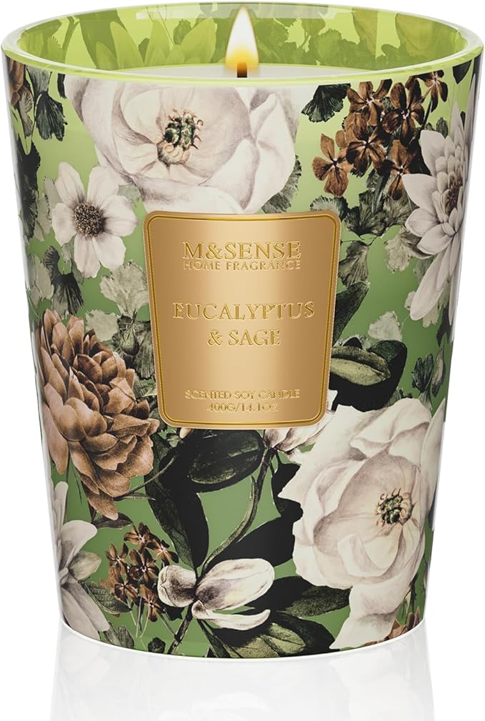 M&SENSE Eucalyptus Sage Scented Candle, 14.1oz 60H Burn Time Slow Burning, Natural Soy Candles Aromatherapy Relaxing Sleep, Home Fragrance Housewarming Gifts