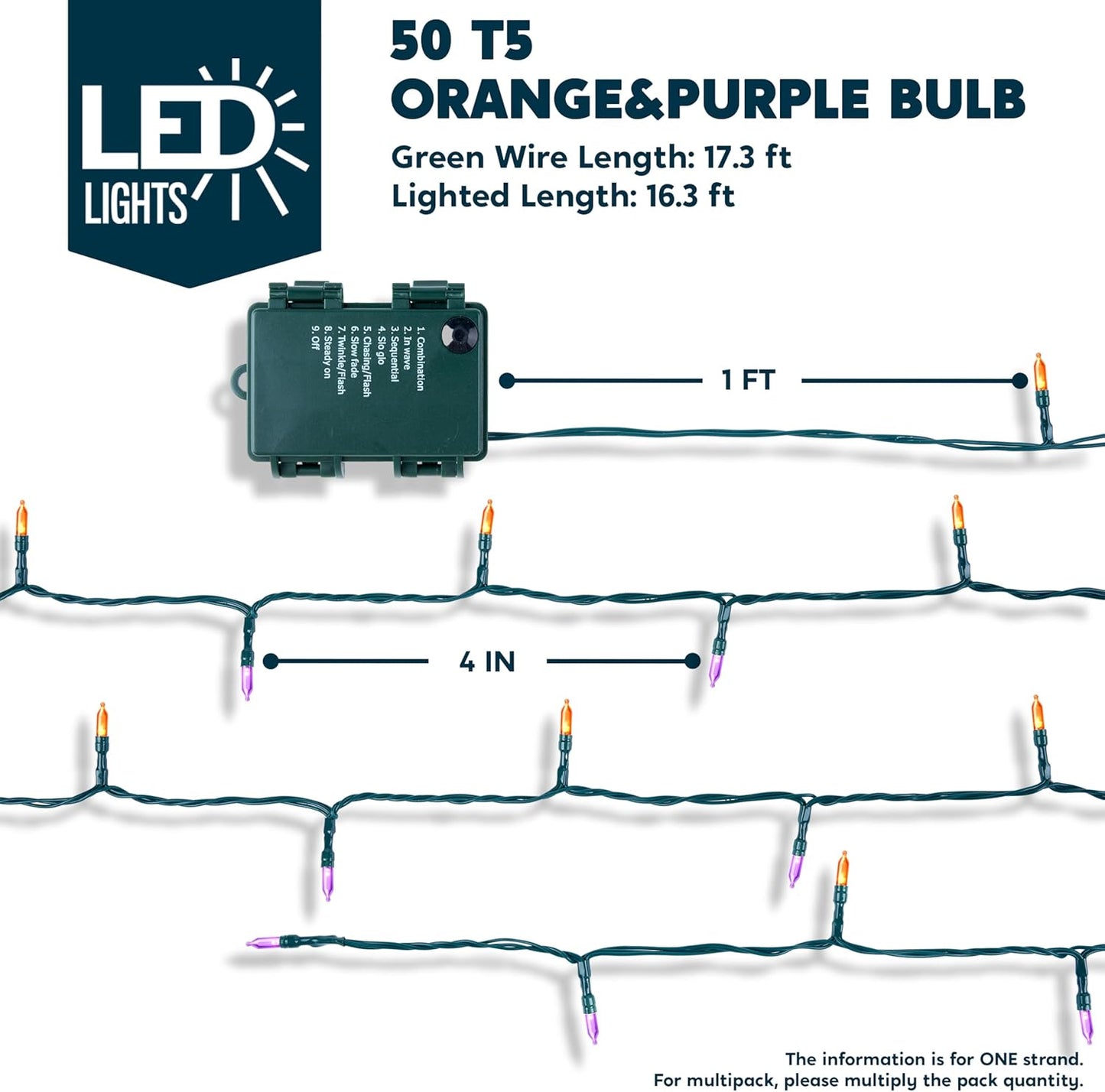 Joiedomi 16.3FT Orange&Purple Halloween Lights,50 Count Battery Operated Christmas String Tree Fairy LED Lights with 8 Modes,Multifunction Green Wire with Timer for Xmas Decor Party Holiday House