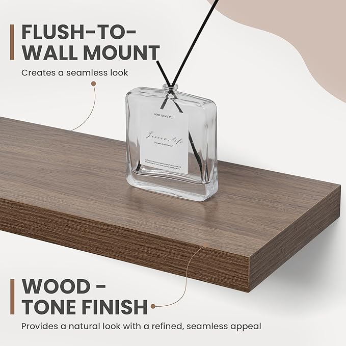 30 Inch Floating Shelves, 8 Inch Deep Floating Shelves for Wall, Hanging Shelf with Invisible Brackets, Deep Shelves for Bathroom, Bedroom, Living Room, Walnut, Set of 2