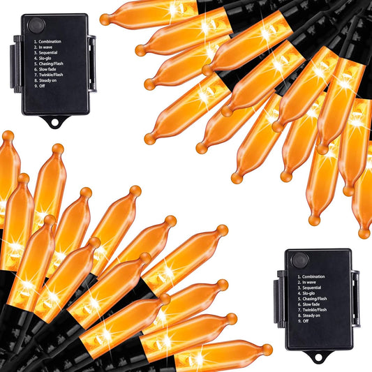Halloween Orange String Lights Decorations，2 Pack 17.8 Feet 50 LED Battery Operated Mini String Lights with 8 Modes Waterproof for Outdoor Indoor Patio Xmas Tree Holiday Party Christmas Show