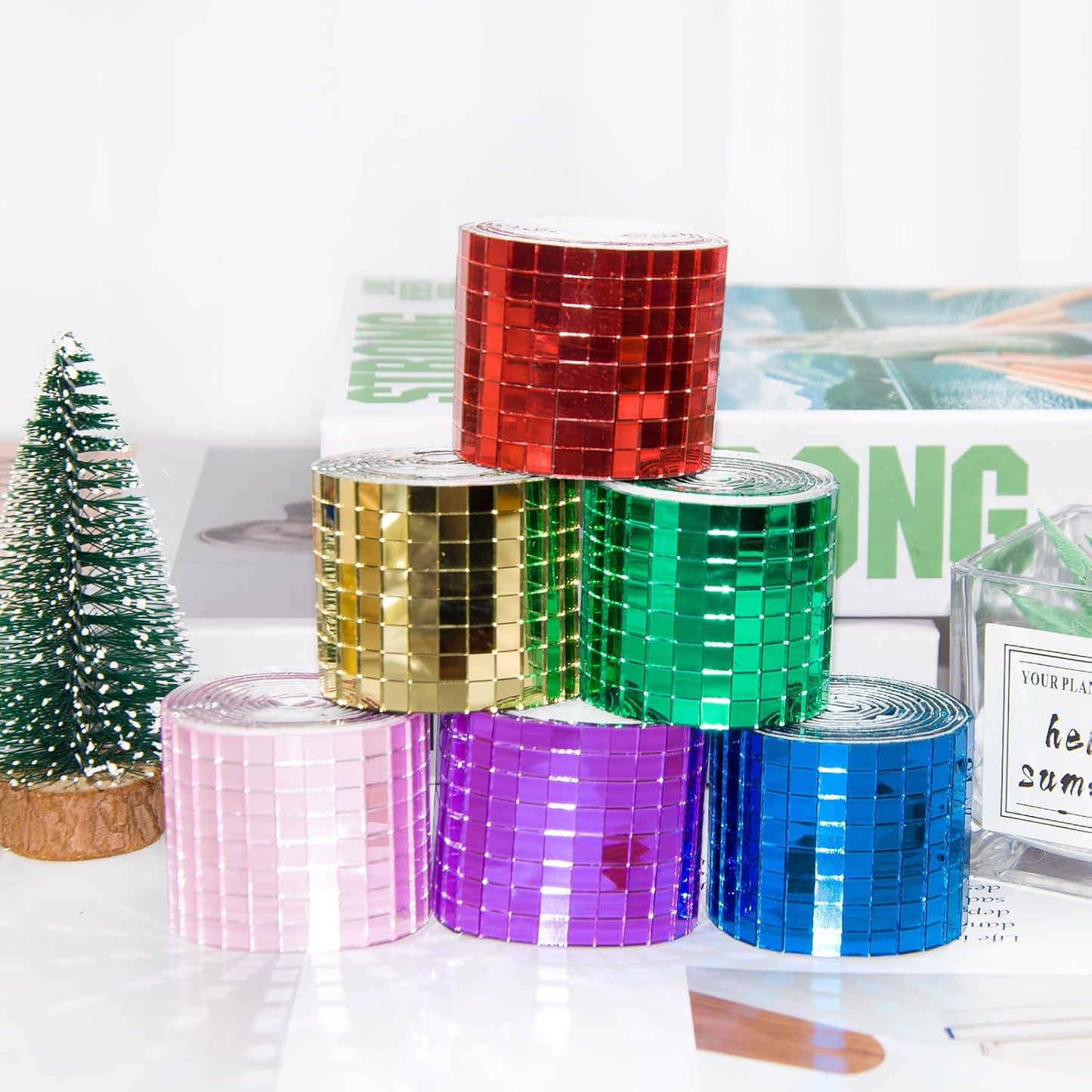 Self Adhesive Disco Ball Tiles, 3200 Pieces Rose Red Mirror Mosaic Tiles, 5 x 5 mm Glass, Modern Contemporary Style, Multi-Surface, Roll, 2 Rolls (Rose Red)