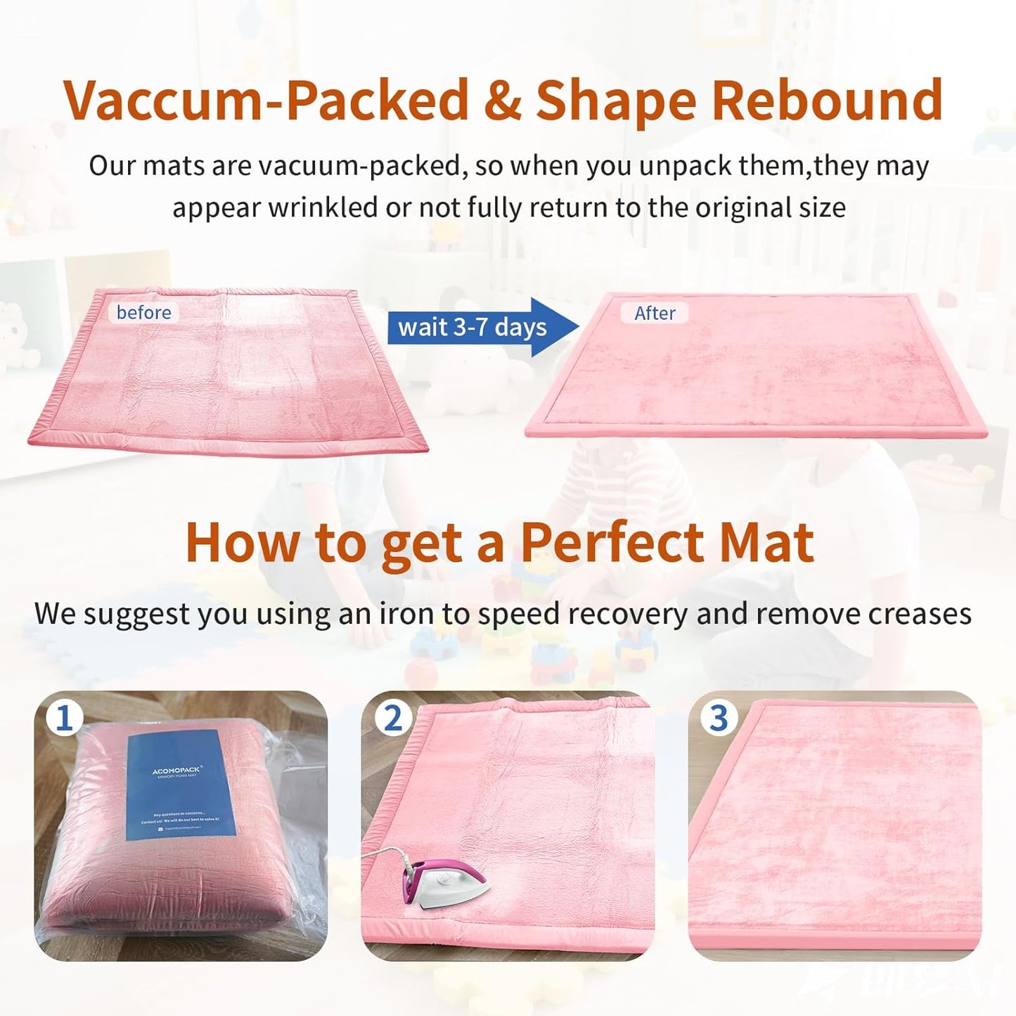 ACOMOPACK Baby Play Mat for Floor,1.3" Thick Memory Foam Area Rug for Living Room,Soft Velvet Crawling with Non-Slip Bottom for Kid,Toddler,59"×71" Tummy Time Nursery Rugs,Yoga（Pink）