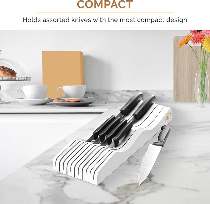 In-Drawer Knife Block Organizer - Bamboo Wood Drawer Knife Organizer - Holds 5 Long + 6 Short Knives (Not Included) - Store Knives with Blades Pointing Down