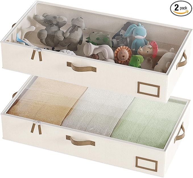Under Bed Storage Containers, 2-Pack Underbed Storage Box, Collapsible Clothes Storage Bins with Handles and Lid, Large Under Bed Organizers for Shoe, Blanket, Toy, Pillow, Sheet, Beige