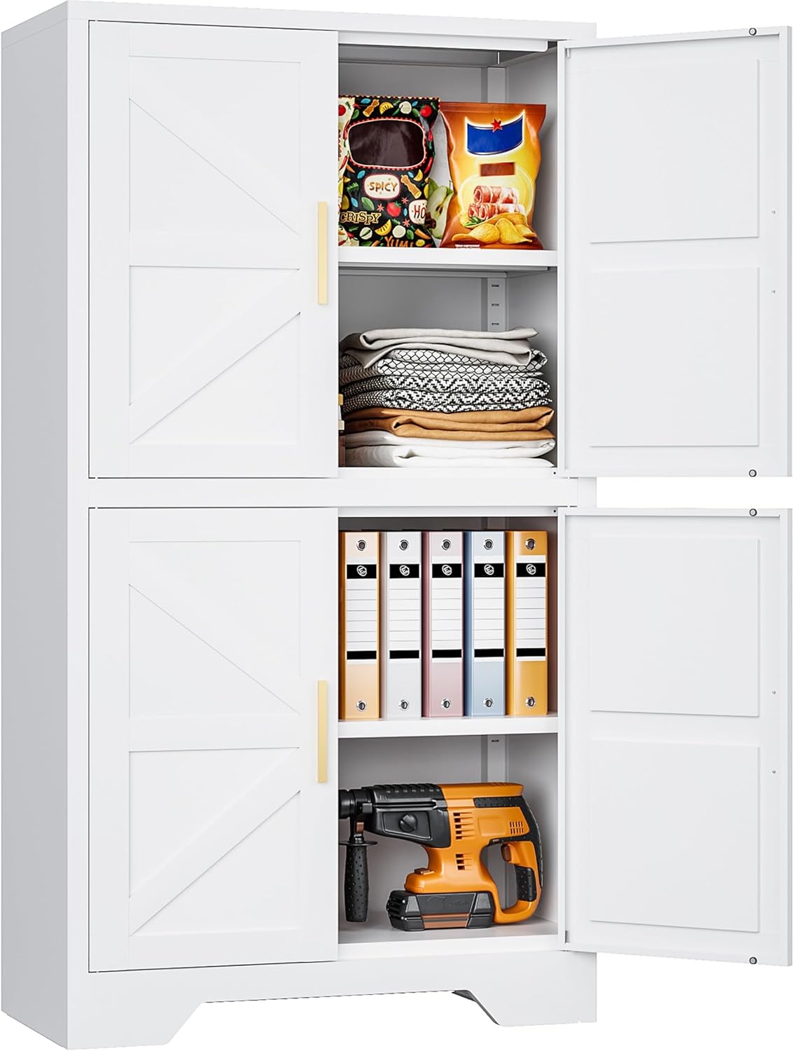 SISESOL White Storage Cabinet with 4 Doors and 2 Adjustable Shelves,Farmhouse Food Pantry Cabinets,Small Bathroom Cabinet,4 Tier Metal Storage Cabinets for Home Kitchen,Dining/Living/Laundry/Room