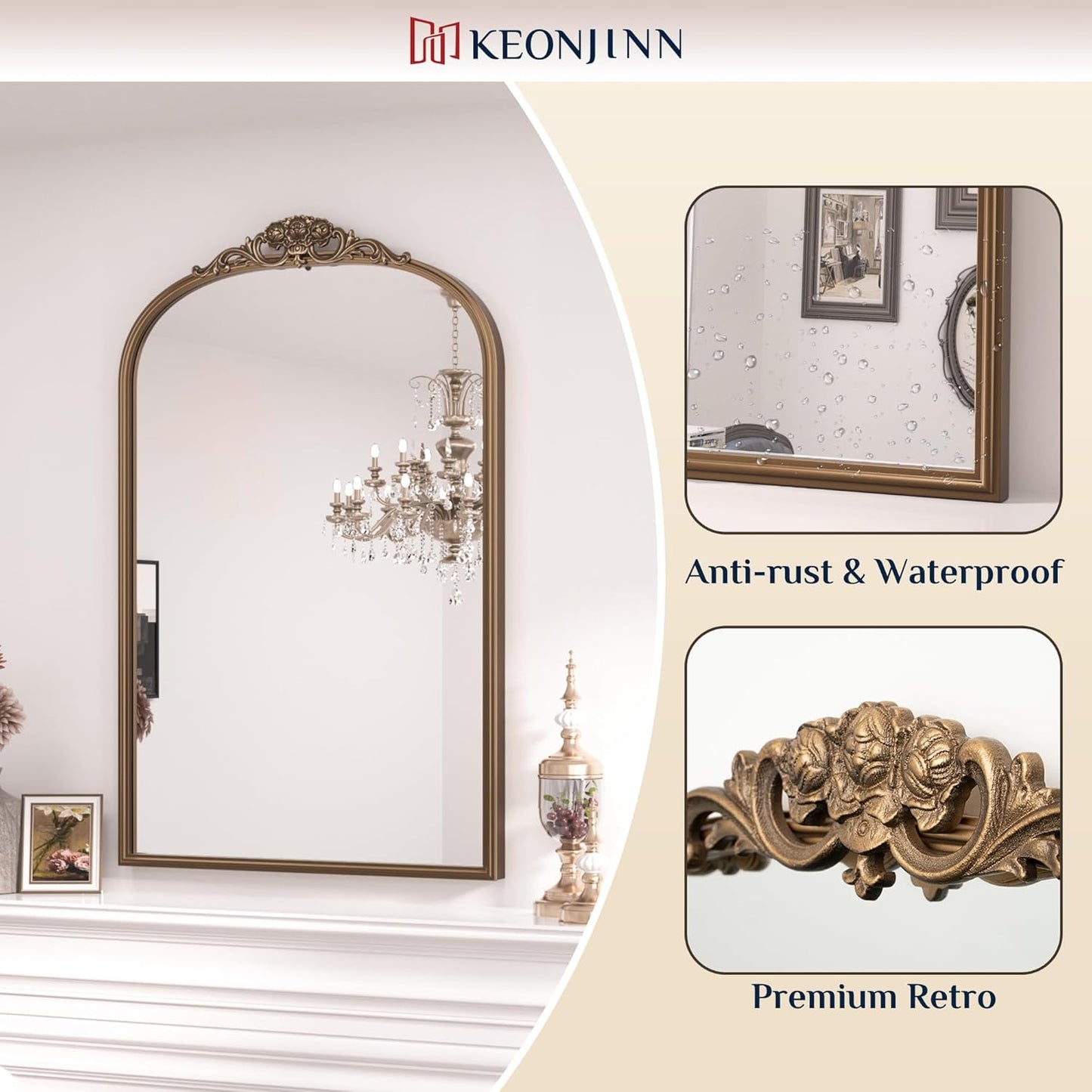Keonjinn Vintage Gold Mirror 24" x 40", Large Mirror Decorative for Wall, Antique Bathroom Mirrors, Ornate Brass Mantle Mirrors, Baroque Decor for Entryway, Hallway, Living Room, French Cleat Mounting