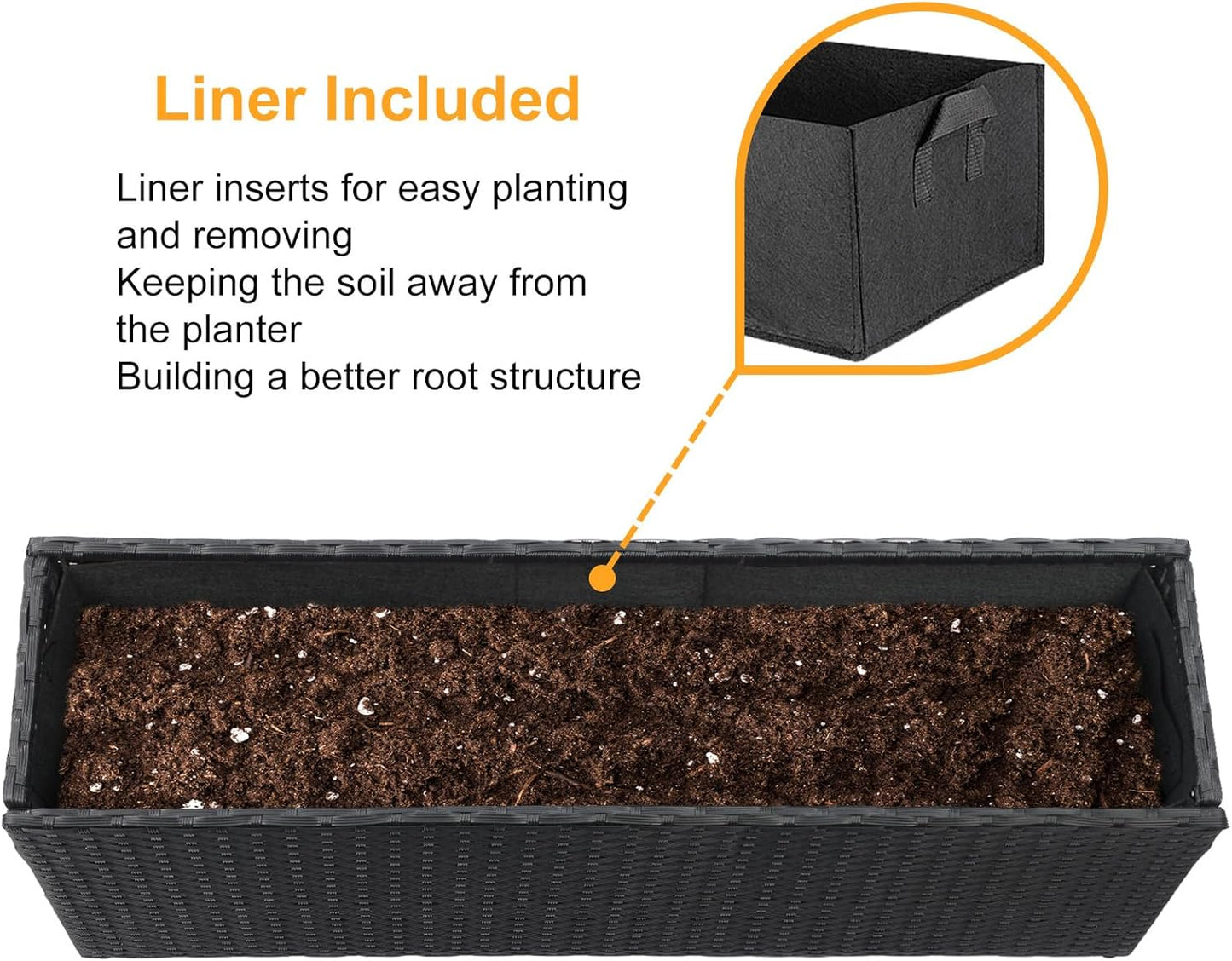 SUNNYPARK Set of 2 Large Rectangular Planter with Removable Liner, All-Weather PE Rattan Modern Planters Indoor Outdoor Flower Plant Pots Garden Box Patio Yard Front Porch Deck