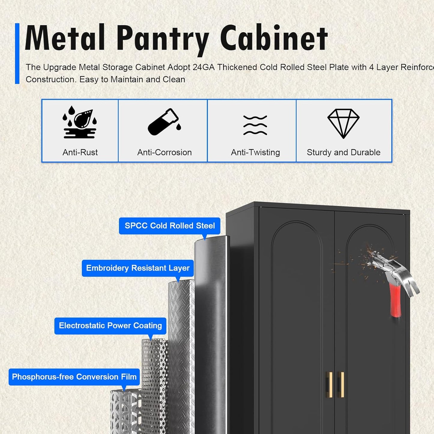 60" Tall Kitchen Pantry Cabinet, Metal Pantry Cabinet with Doors and Adjustable Shelves, Black Utility Storage Cabinet with Handles for Dining Room, Bathroom, Laundry Room - Assemble Required