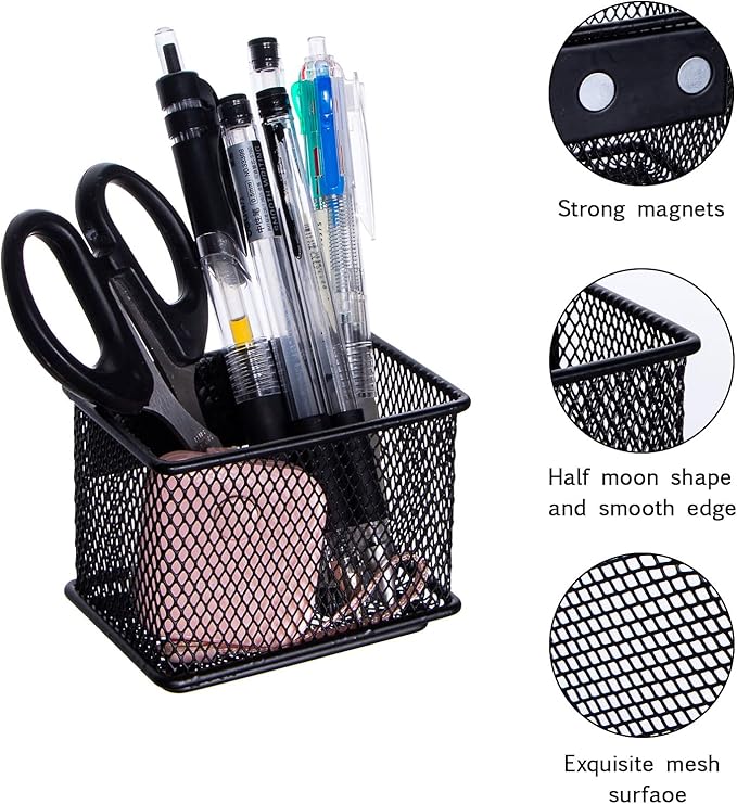 dedoot 2 Pack Magnetic Pen Holder, 3.45x2.3x2.6 Inch Magnetic Basket Locker Organizer Metal Mesh Pencil Memo Holder for Whiteboard, Fridge, Desk, Offices