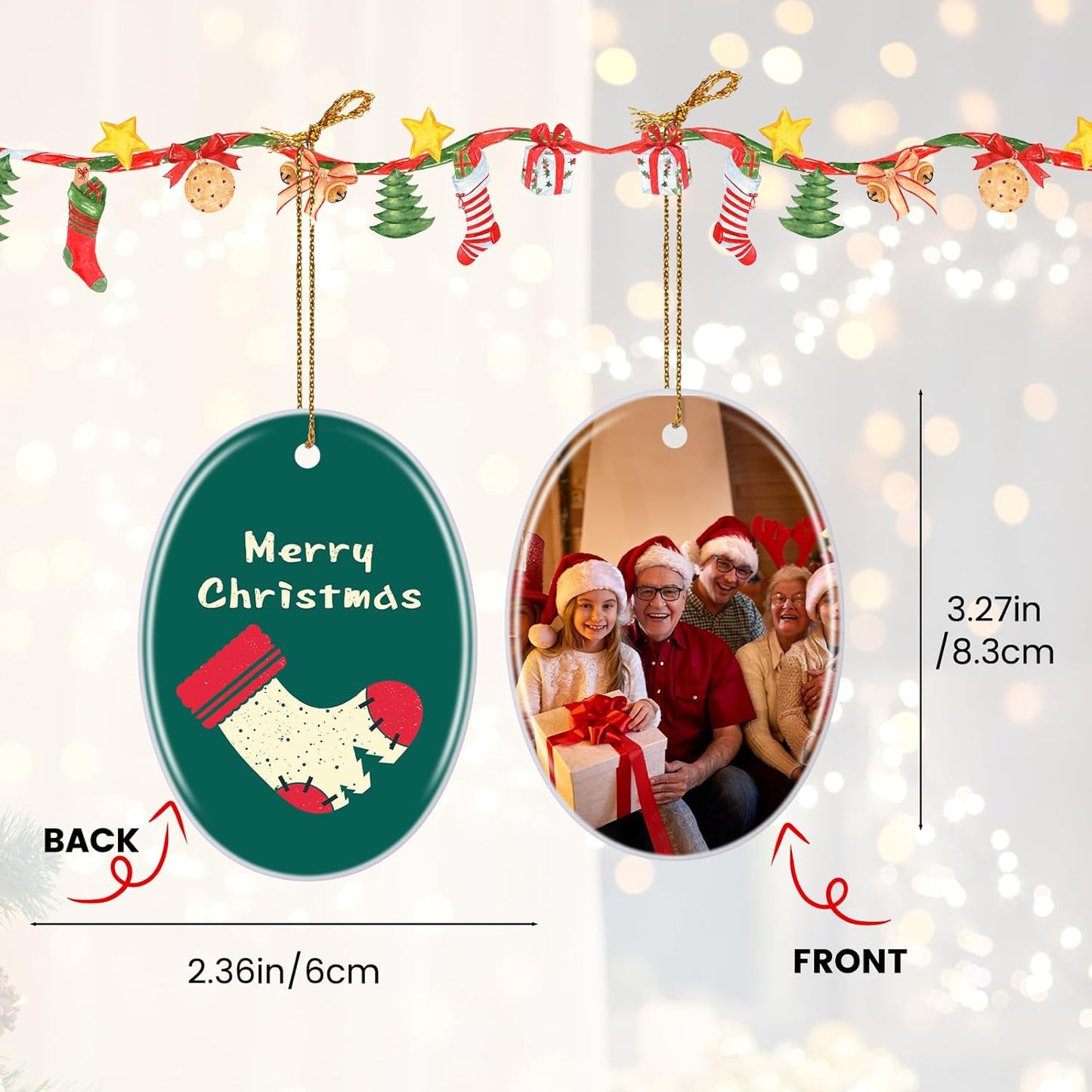 Personalized Christmas Ornaments 2025, Double-Side Custom Christmas Ornament, Oval Ceramic Photo Ornament Christmas Tree Decorations for Kids, Mom, Dad, Family, Loved One