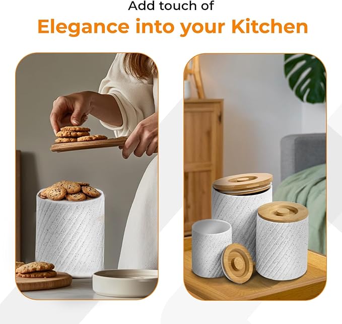 Ceramic Canister Set for Kitchen Countertop & Pantry – 3 Airtight Food Storage Containers for Flour, Sugar & More – Durable White Ceramic with Bamboo Lids