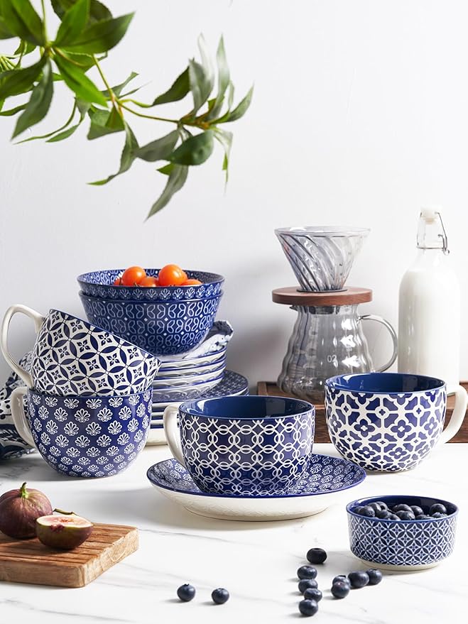 DOWAN Coffee Mugs Set of 4, 24 oz Large Coffee Mugs, Jumbo Soup Mugs With Handles, Ceramic Coffee Cups for Coffee Cereal Latte for Men Women, Housewarming Wedding Gift, Vintage Blue