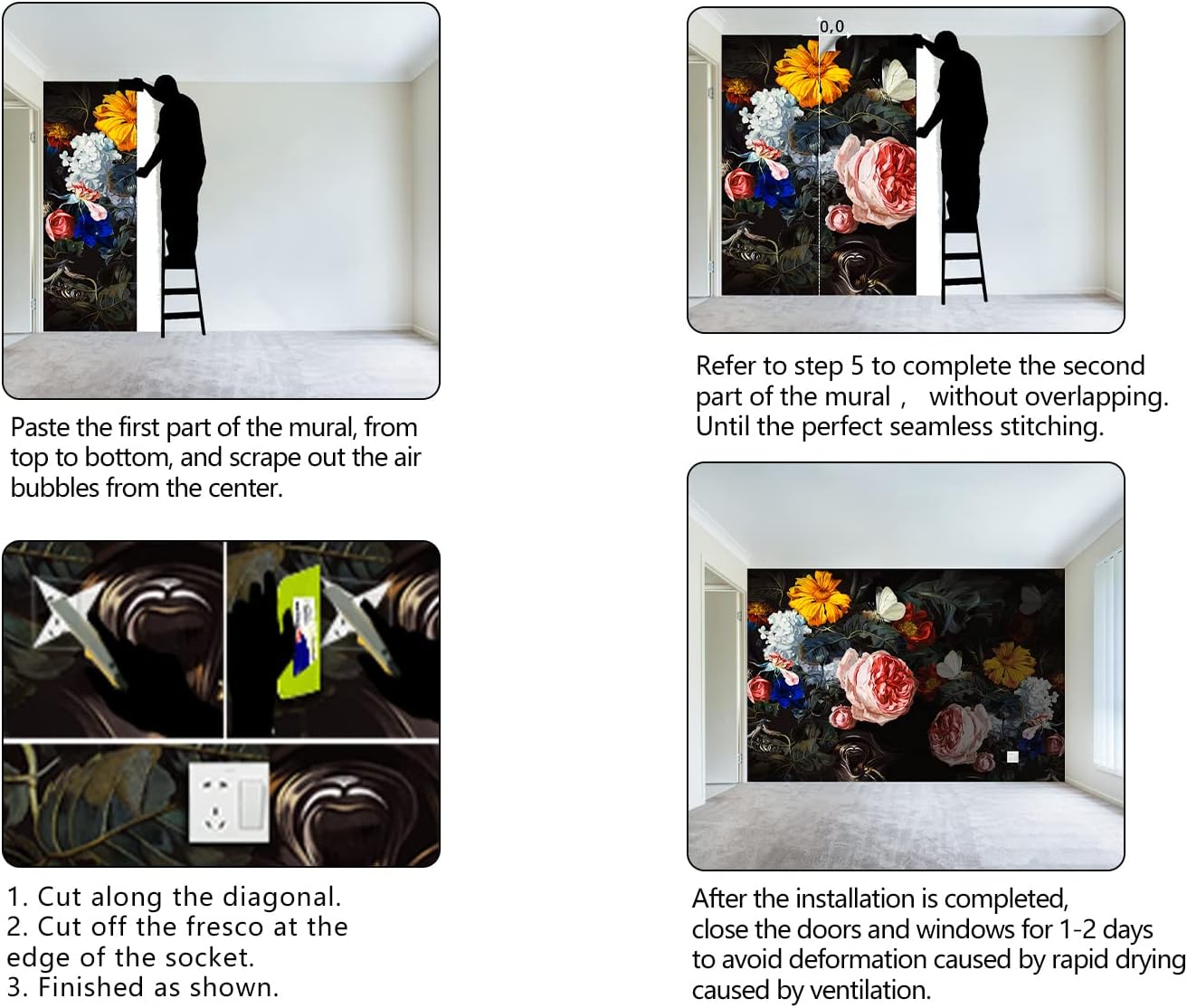 Vintage Black Flowers Mural Bedroom Peony Floral Wallpaper Room Decor Living Room tv Background Large Wall Mural - 91"x65" (Not Peel and Stick)