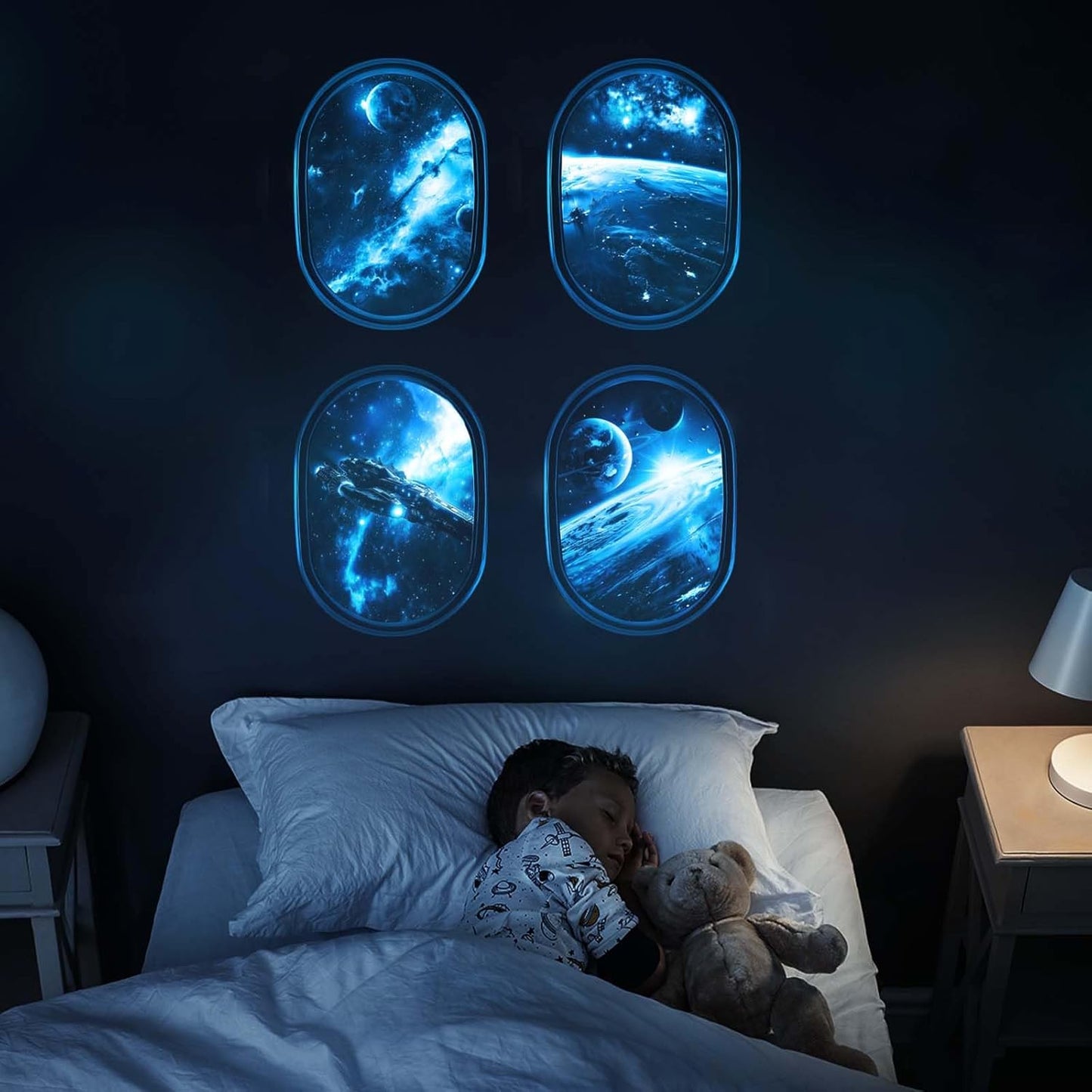 SNAIL GARDEN 4 Pcs Luminous Universe Galaxy Space Wall Stickers,Glow in The Dark Wall Decals,Self-Adhesion Space Themed Wall Decor,3D Ceiling Glow in The Dark Decorations(Blue Light)