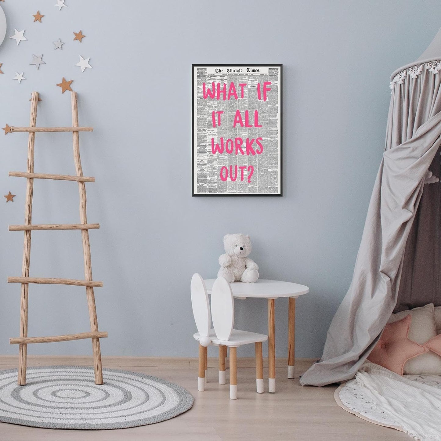 Liyark Retro Trendy Newspaper Canvas Wall Art - 'What If All Works Out' Poster - Positive Affirmation Quote - Pink Font - Minimalist Home Decor - Framed 16x24in