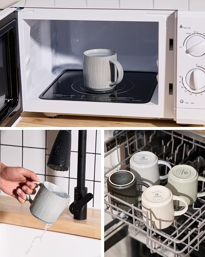 famiware Coffee Mug Set for 6, Star 12 oz Catering Mugs Cup Set with Handle for Coffee, Tea, Cocoa, Milk - Ceramic Stoneware Drinkware Set, Matte Grey