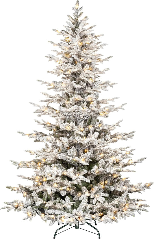 Hykolity 7.5 ft Snow Flocked Christmas Tree, Prelit Artificial Christmas Tree with 450 Warm White Lights, 1173 PE & PVC Branch Tips, Metal Stand and Hinged Branches