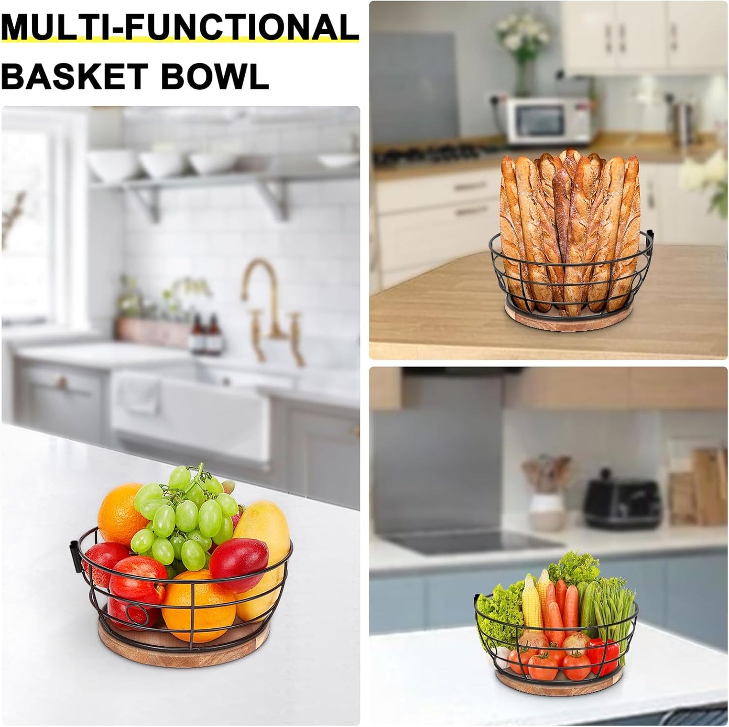 Livabber Countertop Fruit Basket Bowl with Banana Hanger, Modern Standing Fruit Vegetable Bowl Storage, with Banana Tree Holder for Kitchen Dinning Table (Round Wood, Black)