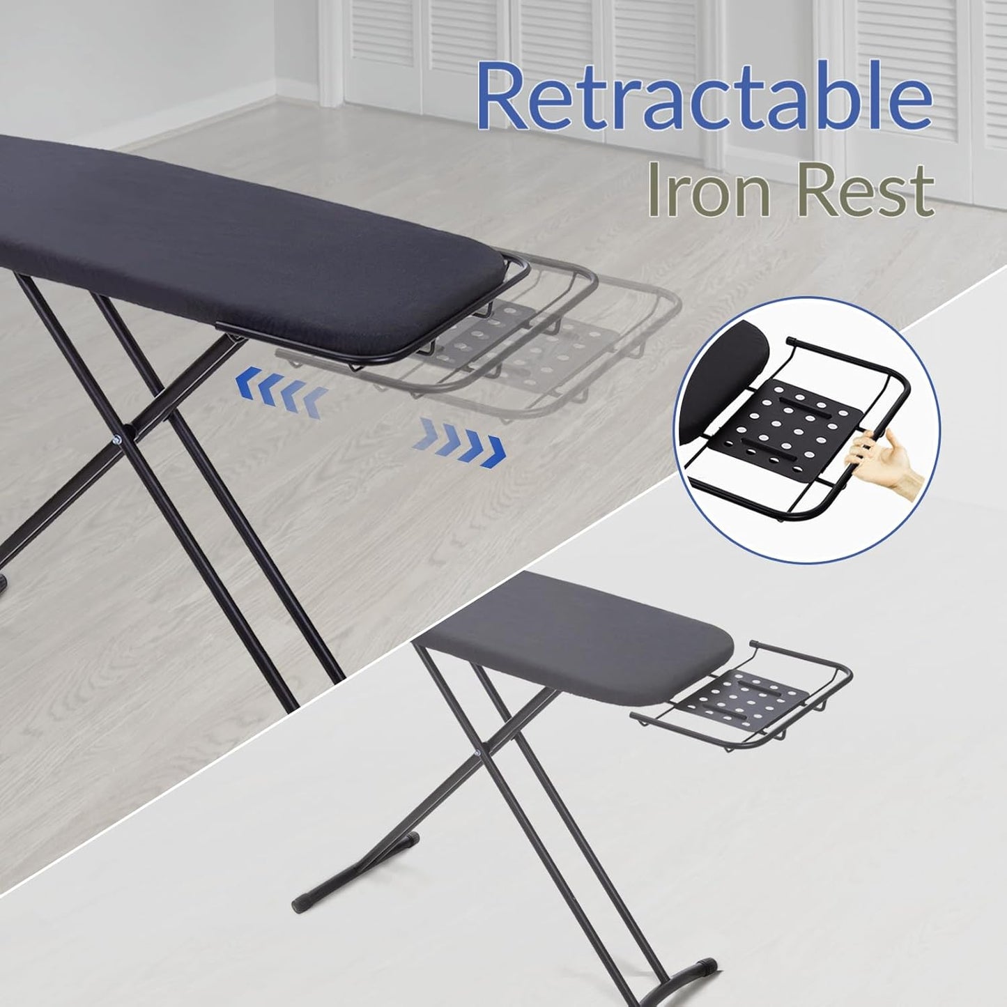 Ironing Board 48" x 15" with Retractable Iron Rest, RAINHOL Heavy Duty Full Size Iron Board, Sturdy Wide Frame with Thick Padding Cover, Height-Adjustable, Black
