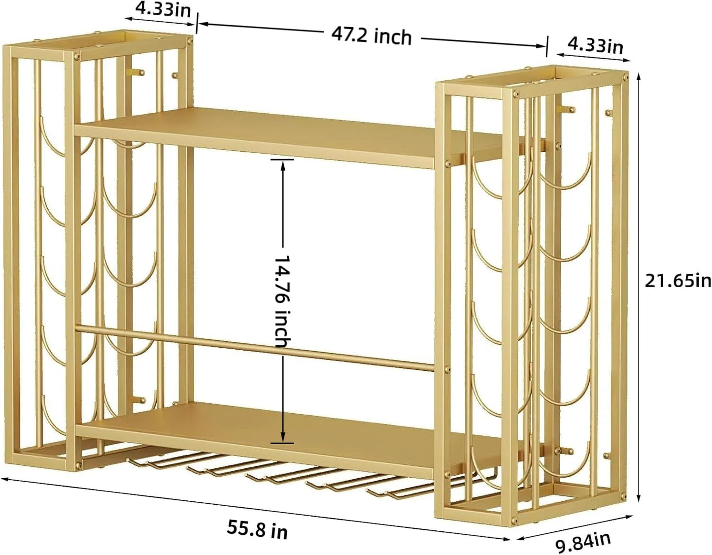 Wall Mounted Wine Rack, Hanging Floating Bar Liquor Shelves with Glass Holder, Metal Bottle Holder Wine Storage Display Shelf for Home Bar, Gold (47.2”W x 9.8”D x 21.65”H)