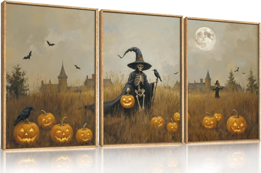 Celestdeco Halloween Ghost Reaper Framed Wall Art Set, Scary Witchy and Pumpkin Wall Decor, Horror Night Wall Painting, Full Moon Bats Art Prints for Living Room,Bedroom,Halloween Themed Party Decoration-24"×36"×3