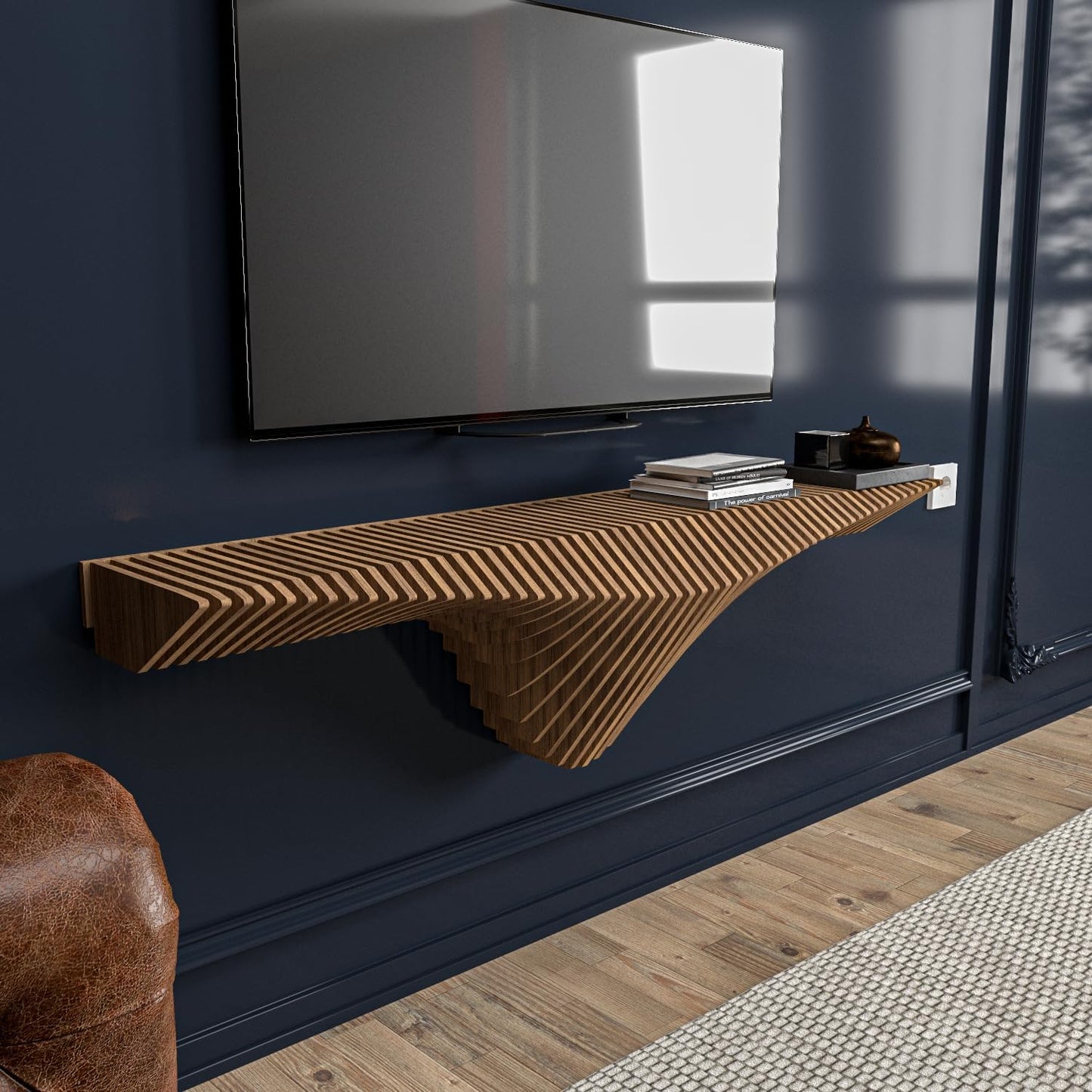 Parametric 50 inch Floating Shelf TV Unit Modern Geometric Wooden Wall Piece Decor Natural Oak Color 3D Wavy Living and Gaming Room Shelf