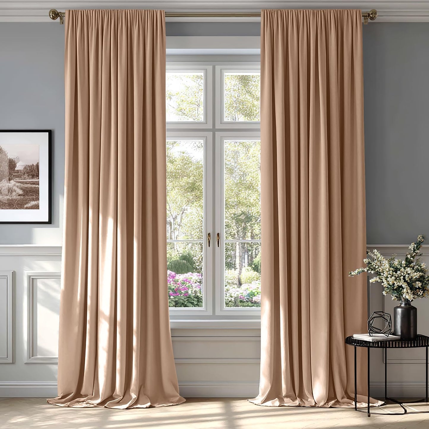 MIULEE Blush Beige Velvet Curtains Thermal Insulated Blackout Curtain Drapes for Bedroom Living Room Darkening 90 Inches Long Curtains Panels Rod Pocket Set of 2