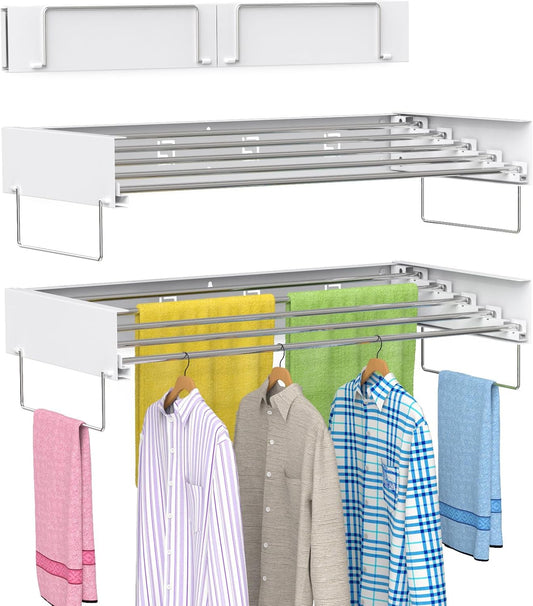 Wall Mounted Drying Rack, Foldable Laundry Rack, Collapsible Drying Rack, 5 Stainless Rods, Wall Mounted Clothing Rod with 2 Towel Bar, 90 lb Capacity, 31.5" White