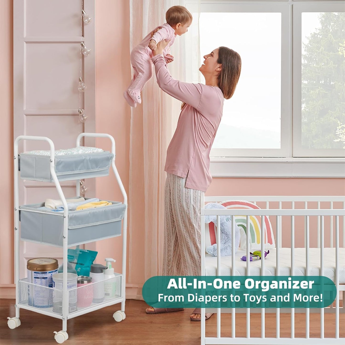 Moteph Rolling Utility Cart with Wheels - Baby Organizers for Nursery Essentials, Diaper Organizer, Art & Craft Storage, Book Cart (Without_Side_Storage)