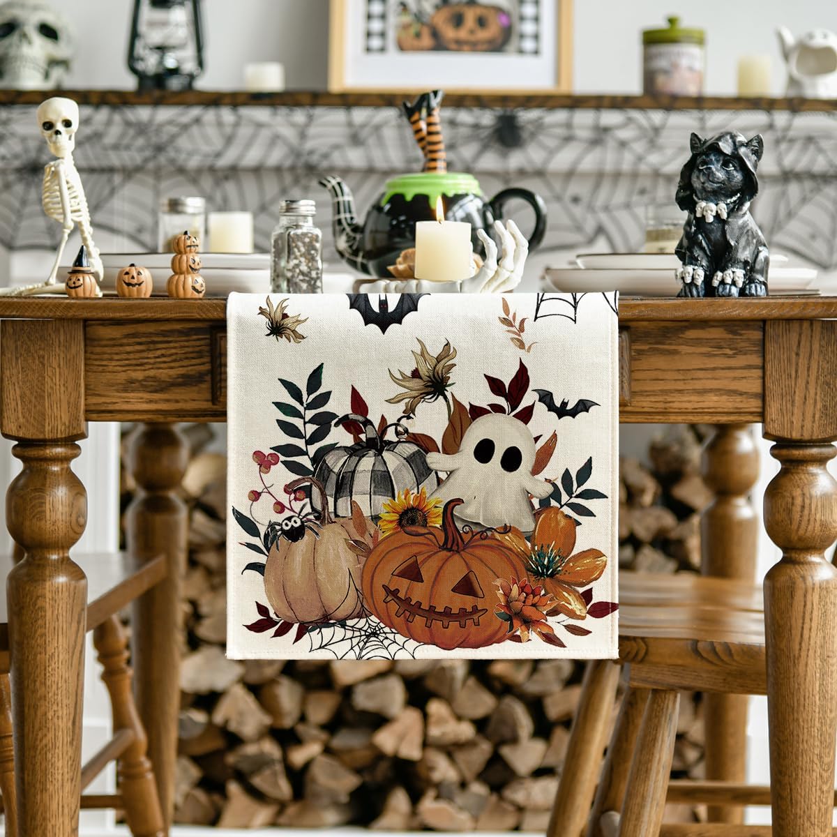 Artoid Mode Pumpkin Ghost Leaves Spider Web 210 GSM Halloween Table Runner, Spooky Kitchen Dining Table Decoration for Home Party Decor 13x108 Inch