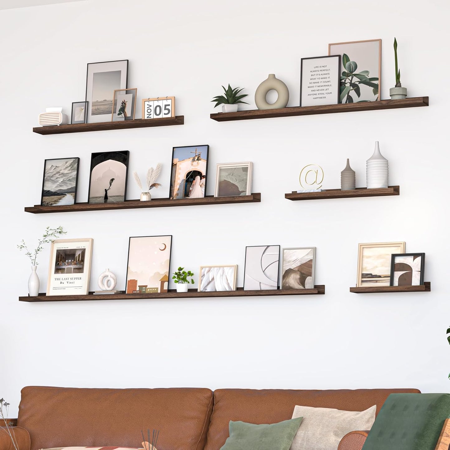 Heimlove Picture Ledge Shelf, Small Floating Shelves Set of 2, 16 Inches Picture Shelf for Wall with Ledge, Kids Bookshelf Wall Mounted for Living Room Bedroom Decor Books Photo Frames, Walnut