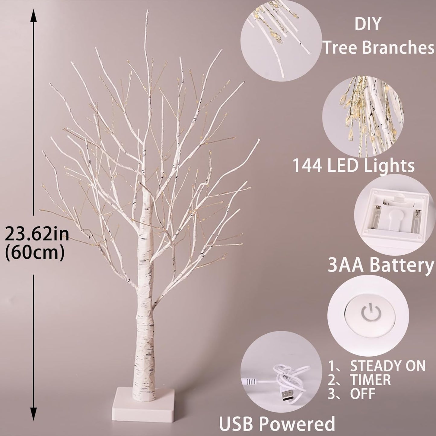2-Piece Set: 2 Ft White Birch Tree with Lights, 144 LED Christmas Tree with Lights, Lighted up Tree Lamp USB/Battery Powered with Timer, Lighted Trees for Indoor Decor, Tabletop, Fireplace, Christmas